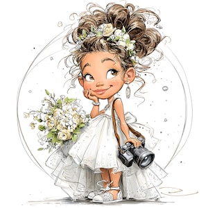 12 JPEG Floral girl clipart – Little wedding photographer JPG – Cute cartoon for flower bridal crafts, invites, cards, nursery prints