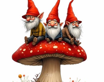 20 JPG Forest gnomes clipart – Three gnomes on mushroom JPG – Whimsical woodland illustration for fairy tale wall art & crafts
