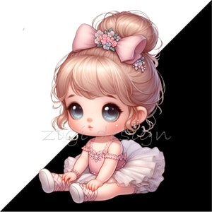 May include: A cartoon illustration of a young girl with blonde hair wearing a pink and white ballerina outfit. She has a pink bow with flowers in her hair and is sitting with her legs crossed.
