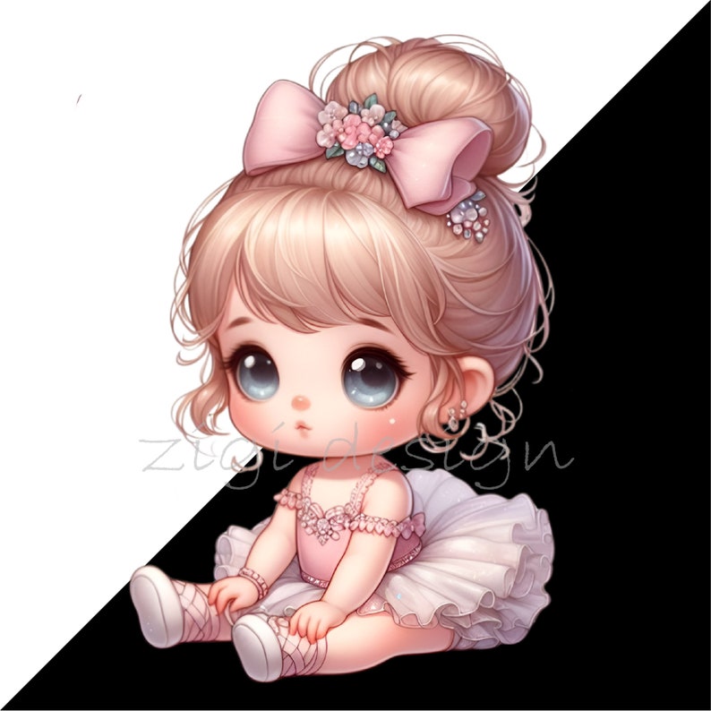 May include: A cartoon illustration of a young girl with blonde hair wearing a pink and white ballerina outfit. She has a pink bow with flowers in her hair and is sitting with her legs crossed.