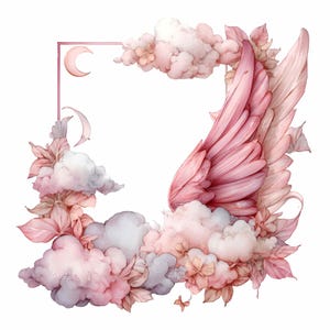 May include: Watercolor illustration featuring a pink frame with a crescent moon, angel wings, and fluffy clouds. The design incorporates soft pink, white, and gray tones, with floral accents. A whimsical and dreamy aesthetic.