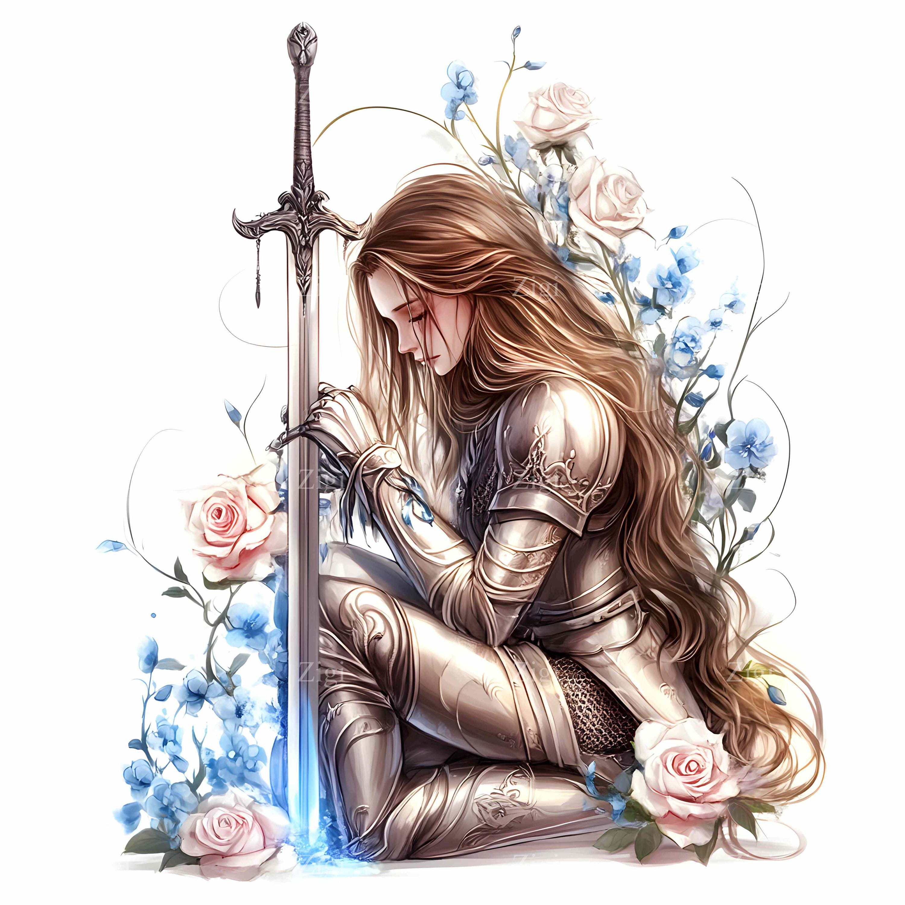 27 JPEG Fantasy Female Knight With Sword and Blue Roses JPG Clipart ...