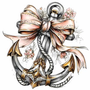 May include: Detailed illustration of an anchor with a large pink bow and floral accents. The anchor is silver with gold detailing, and the bow has a delicate lace trim. The artwork has a nautical theme.
