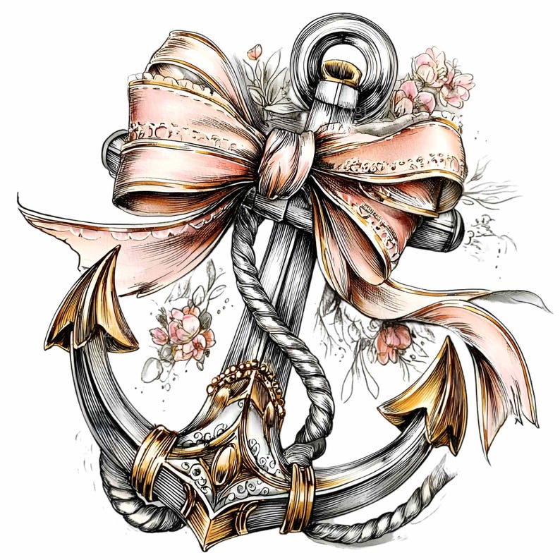 May include: Detailed illustration of an anchor with a large pink bow and floral accents. The anchor is silver with gold detailing, and the bow has a delicate lace trim. The artwork has a nautical theme.