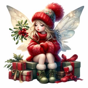 12 cliparts de fées de Noël PNG - Art féerique PNG de vacances - Ange d'hiver avec des cadeaux et du gui pour la sublimation et la fabrication de cartes