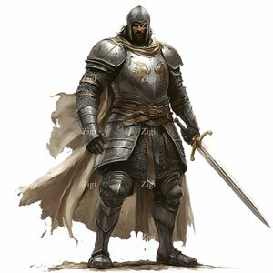 24 JPEG Mittelalterliche Ritter Clipart in voller Rüstung mit Schwert und Umhang, starker Krieger Digital Art Illustration, Fantasy Held JPG