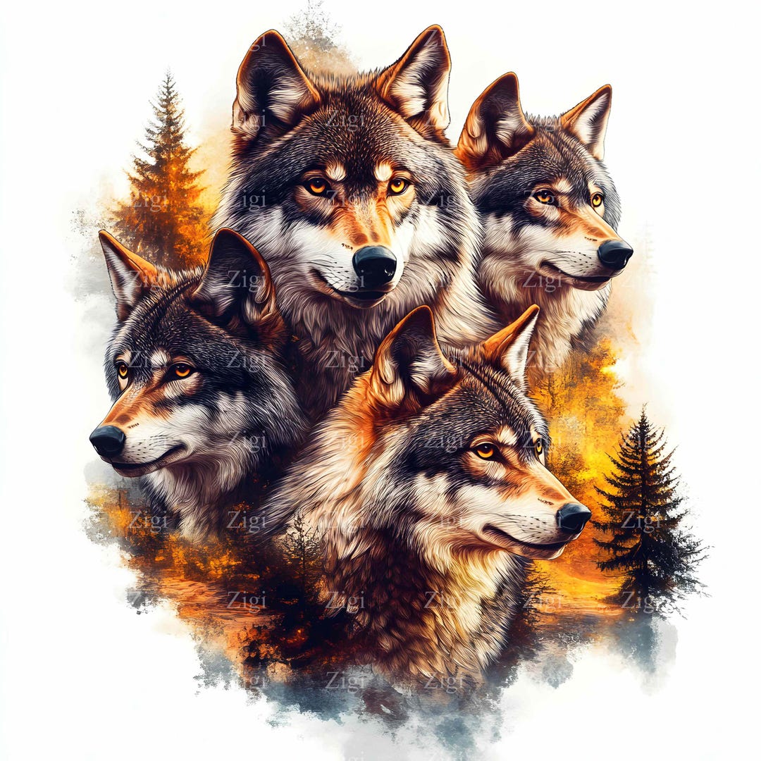 19 JPG Majestic Wolf Pack Golden Forest Illustration - Etsy