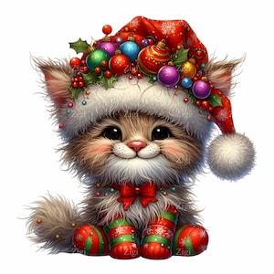 15 Clipart PNG de chaton de Noël avec un bonnet de Noel et des décorations, un joli chat des fêtes en tenue de fête et un noeud