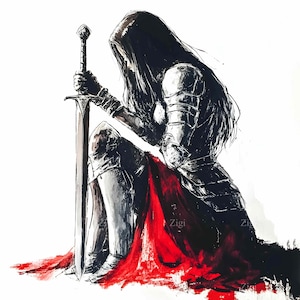 32 imágenes JPEG de caballero oscuro femenino con espada y capa roja, arte digital de mujer guerrera, ilustración de fantasía JPG de armadura medieval gótica