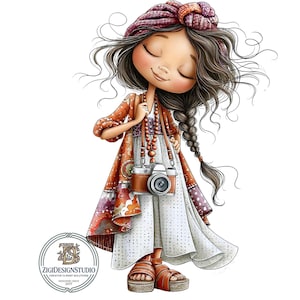 May include: A digital illustration of a character with long brown hair in a braid and a patterned headwrap, wearing a white dress and an orange patterned duster. The character holds a brown and silver camera with a beaded strap and brown sandals.