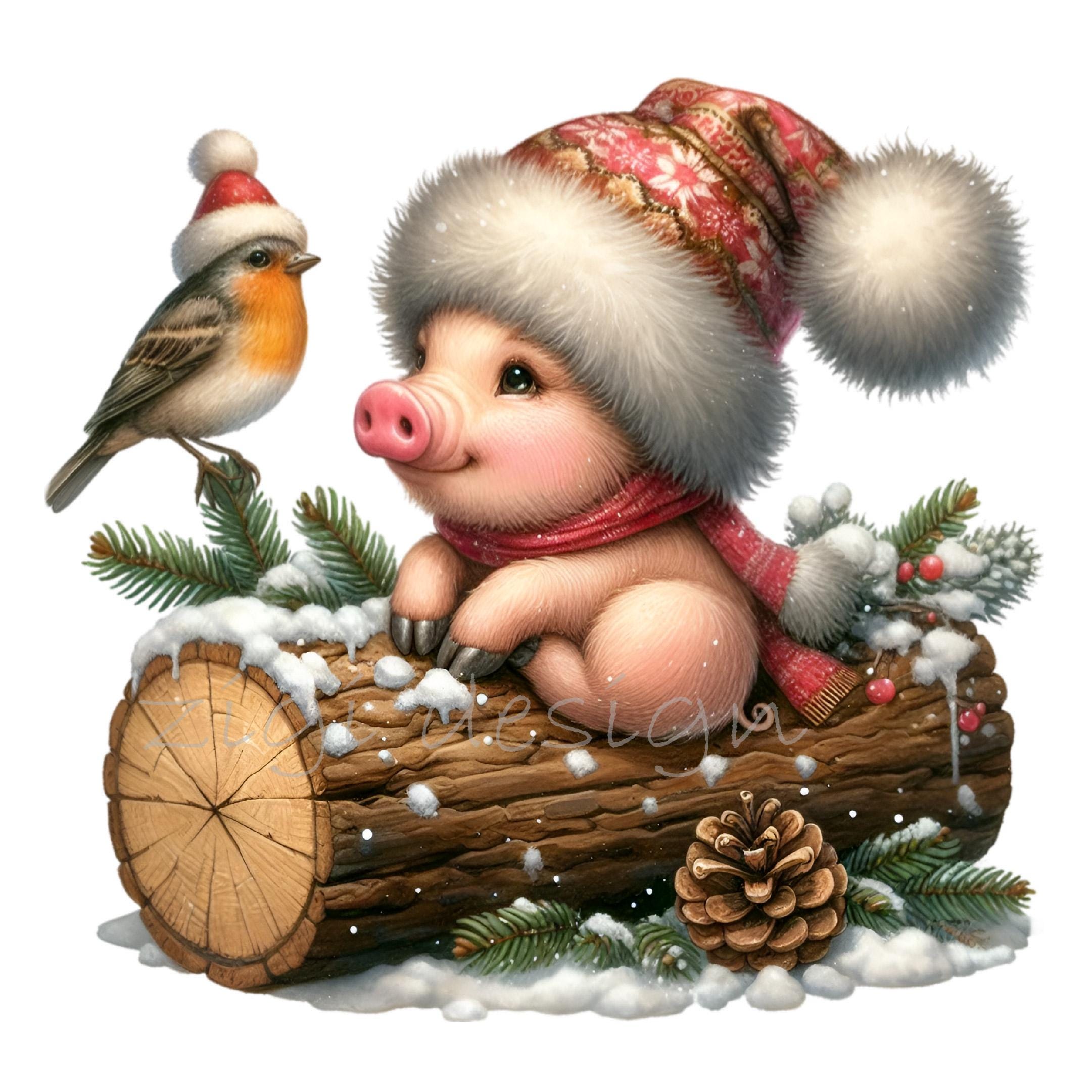 15 PNG Winter Piglet Clipart – Cute Pig in Hat & Scarf With Snow Scene ...