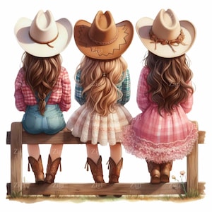12 Cowgirl PNG Clipart, Tre donne occidentali sedute su una staccionata, Illustrazione digitale di moda country, Arte rustica del rodeo