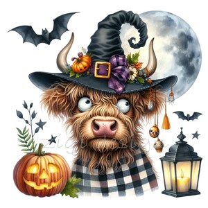 15 Highland Cow Halloween PNG – Mucca con cappello da strega, luna, zucca, pipistrelli e lanterna – Carino clipart spettrale autunnale