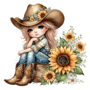 10 cliparts cow-girl PNG - jolie fille avec un chapeau de cowboy et des bottes, assis avec des tournesols, une chemise à carreaux et un jean - téléchargement numérique