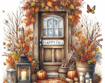 May include: Watercolor illustration of a wooden door decorated for fall. The door has a window and a sign that says "HAPPY FALL". Pumpkins, leaves, lanterns, and a butterfly are also featured in the image.