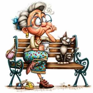 27 JPEG Funny Grandma – Cartoon Old Lady and Cat JPG-clipart – eigenzinnige bankscène voor humor muurkunst, digitale karakter illustratie