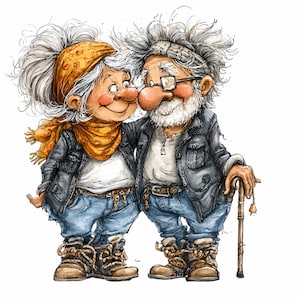 Könnte beinhalten: Eine skurrile Illustration eines älteren Paares, das sich umarmt. Sie tragen Jeans, schwarze Jacken und Wanderstiefel. Die Frau hat einen gelben Schal und eine Kopfbedeckung, während der Mann ein Bandana und eine Brille hat. Er hält einen Wanderstock.