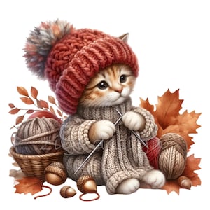 10 cliparts PNG tricot automne chaton, chat automne en pull et chapeau, fil feuilles glands Animal mignon téléchargement