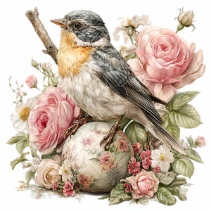 May include: A detailed illustration of a bird perched on a floral globe, surrounded by pink roses and other flowers. The bird has gray, white, and orange feathers. The globe is decorated with a floral pattern, and the background is white.