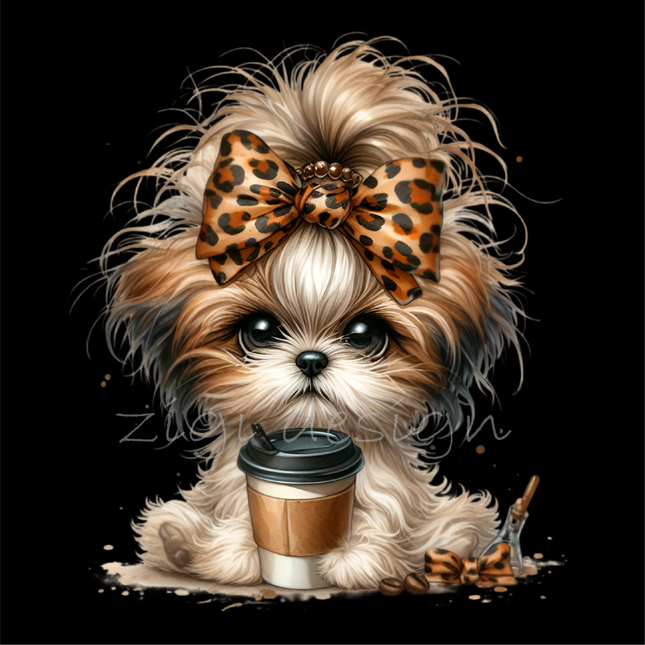 Shih Tzu Clipart, Leopard Bow Clip Art, 12 PNG Coffee Animal Print ...