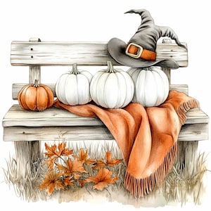 17 weiße Kürbisbank PNG Clipart, Herbst-Halloween-Szene mit Hexenhut und Decke, Herbst-Sublimationsdesign für Kunsthandwerk