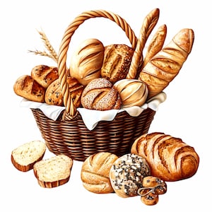 12 Cesta de Pão Fresco PNG Clipart, Ilustração de Pão de Padaria, Arte Digital de Produtos de Panificação Rústicos para Cozinha, Impressões e Artesanato