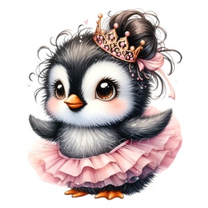 10 schattige babypinguïn png-clipart in roze tutu met kroon en strik, schattige balletvogel met grote ogen voor kinderkamerkunst