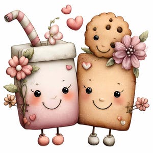 May include: A whimsical illustration of a pink milkshake with a striped straw and a smiling cookie, both adorned with flowers and hearts. The characters have cute faces and are standing together, creating a cheerful and romantic scene.