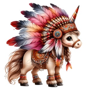 10 graziosi clipart di unicorno in formato PNG / Pony fantasy con copricapo di piume colorate / Arte digitale di cavallo tribale magico
