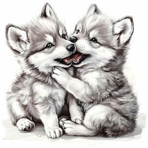 24 JPEG かわいいハスキーの子犬のクリップアートセット、遊ぶ2匹の犬、ふわふわのグレーと白の子犬のデジタル動物アート、冬のペットのイラスト JPG