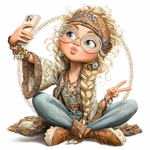 16 clipart selfie fille blonde JPEG - JPG dessin animé mignon - Art amusant du signe de la paix pour les pages de l'agenda, la décoration des réseaux sociaux, les travaux manuels pour enfants, les impressions