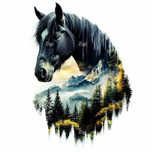 Imágenes prediseñadas de caballos majestuosos en formato JPG con paisaje de montaña, caballo en acuarela y escena forestal en formato JPEG, arte espiritual de la naturaleza, descarga digital instantánea