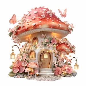 May include: A whimsical mushroom house with a red and white spotted cap, adorned with pink flowers and butterflies. The house features arched windows, a wooden door, and string lights, creating a fairy tale aesthetic.