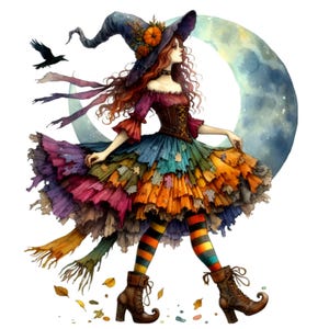 15 Clipart PNG di strega autunnale colorata con luna, corvo e foglie – Arte della donna magica di Halloween per artigianato e decorazioni