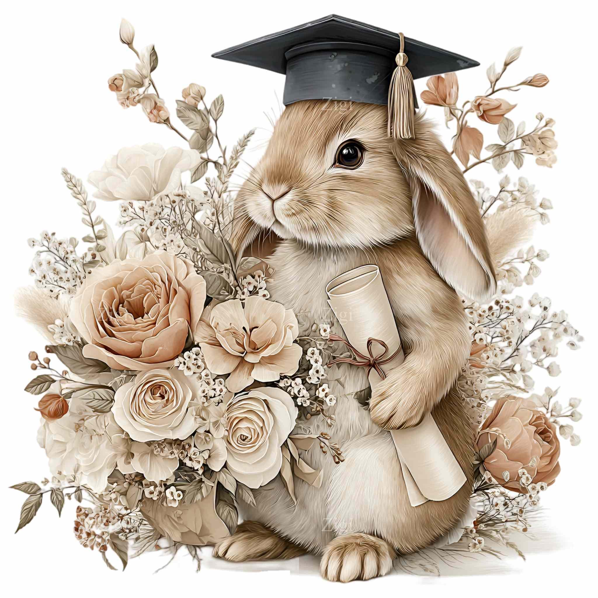 Acdanc Rabbit 15 PNG Graduation Bunny Clipart, Academic Rabbit Art, Neutral Floral ...
