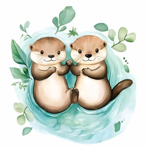 12 paires de loutres Clipart PNG - jolies loutres se tenant la main dans l'eau avec des feuilles vertes, art inspiré de la nature