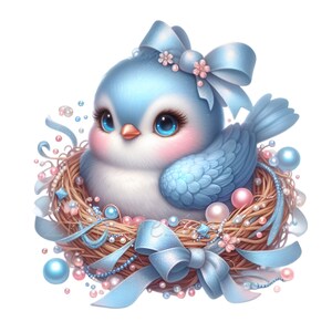 12 adorables imágenes PNG de pájaros en nido con lazos, perlas y flores: adorables animales primaverales para manualidades y decoración.