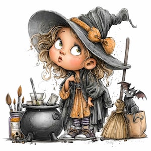 16 PNG Witch Girl Clipart – Cauldron Potion Halloween PNG – Cute Magical Little Child for Cards, Stickers, Sublimation Projects