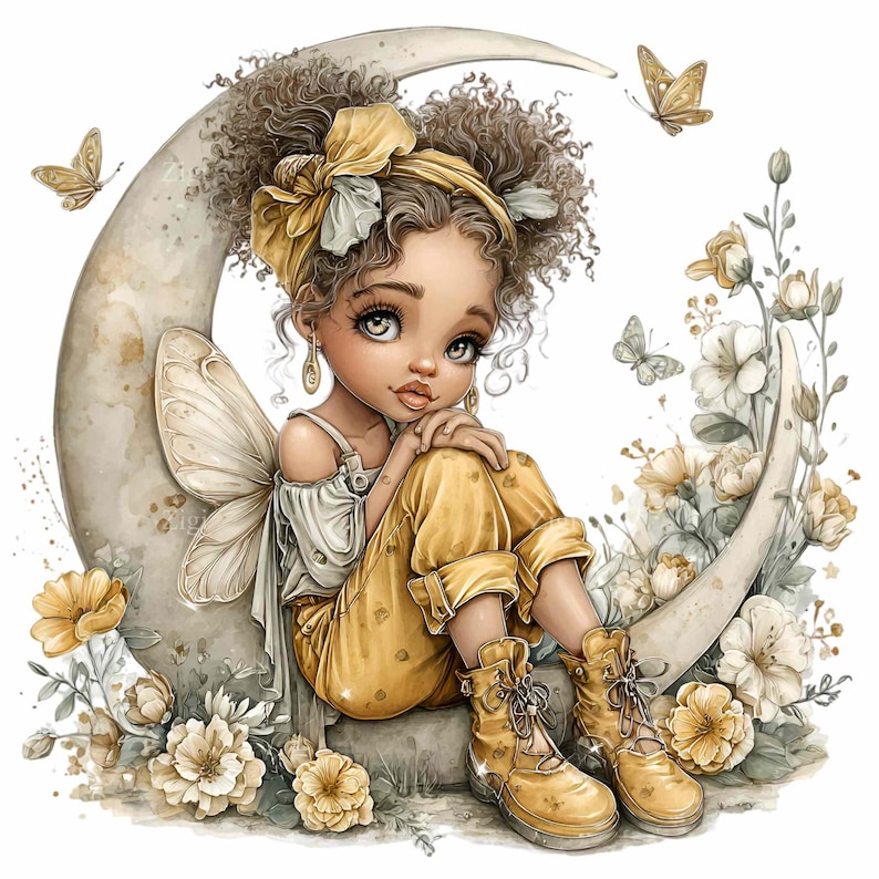 May include: A watercolor illustration of a fairy girl with curly brown hair, wearing a yellow outfit and boots, sitting on a crescent moon. Butterflies and flowers in shades of yellow and white surround the fairy, creating a whimsical scene.