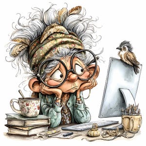 21 JPEG Funny Grandma – Computer Desk JPG Clipart – Whimsical Office Illustration for Cards, Wall Art, Scrapbook, Digital Humor Decor