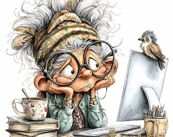 21 JPEG Funny Grandma – Computer Desk JPG Clipart – Whimsical Office Illustration for Cards, Wall Art, Scrapbook, Digital Humor Decor