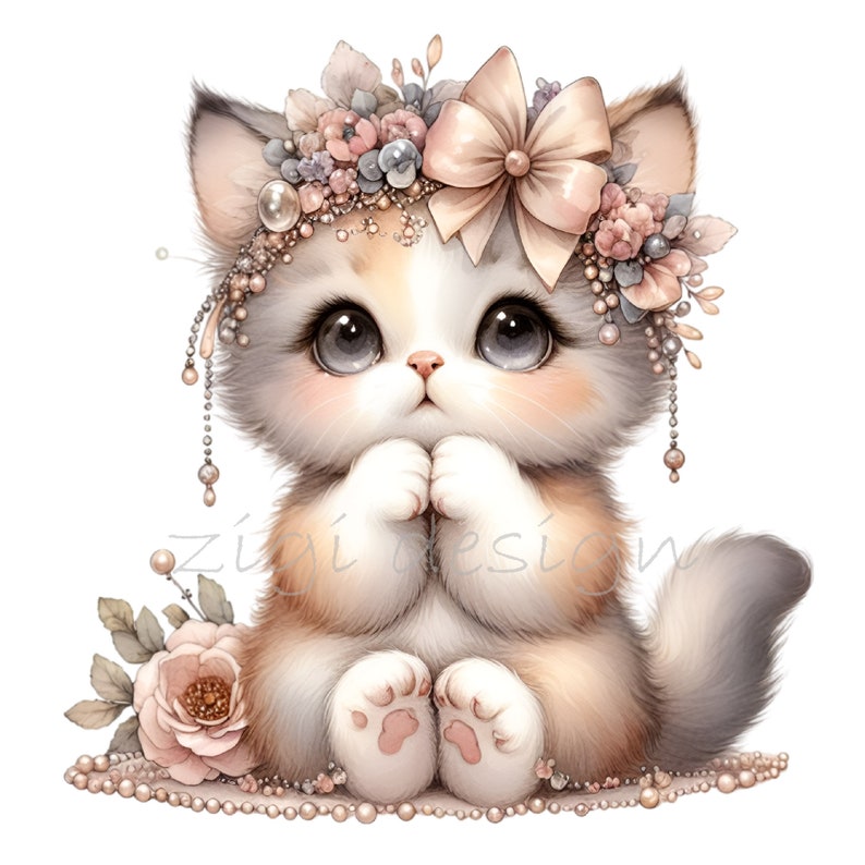 12 PNG Floral Kitten Clipart – Cute Cat PNG – Baby Animal Illustration ...