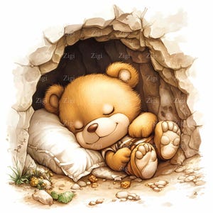 16 JPEG Orso addormentato nella grotta Clipart - Adorabile animale in letargo - Carino arte della fauna selvatica JPG