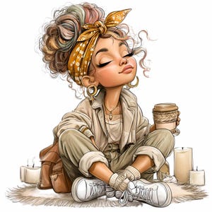 Könnte beinhalten: Illustration einer Person mit lockigem Haar, die ein gelbes, gemustertes Kopftuch, eine beige Jacke und eine Hose trägt und eine Kaffeetasse hält. Die Person sitzt mit gekreuzten Beinen auf einem Teppich, mit geschlossenen Augen und weißen Turnschuhen. Kerzen und ein brauner Rucksack sind im Hintergrund.