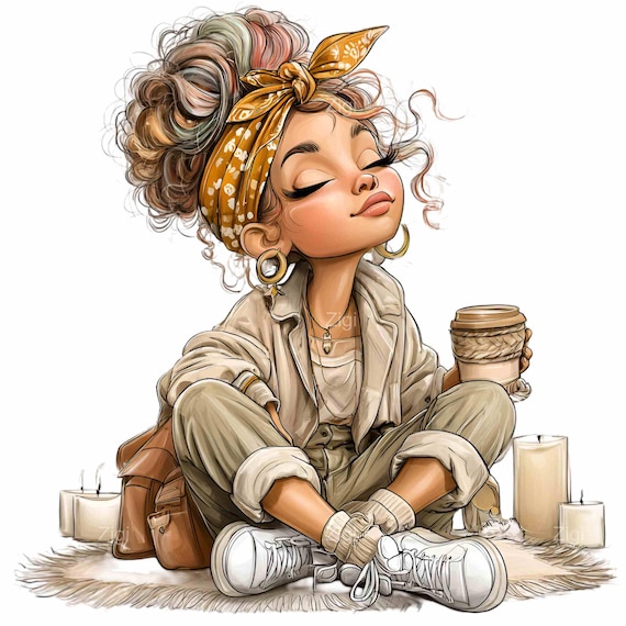 20 PNG Coffee girl clipart– Relaxed woman PNG – Digital art for planners, journaling, self-care mood boards, scrapbooking, sublimation