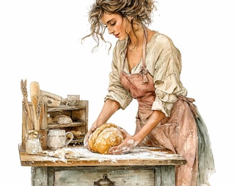 16 PNG Watercolor Baker Clipart, Bread Maker Woman Kitchen
