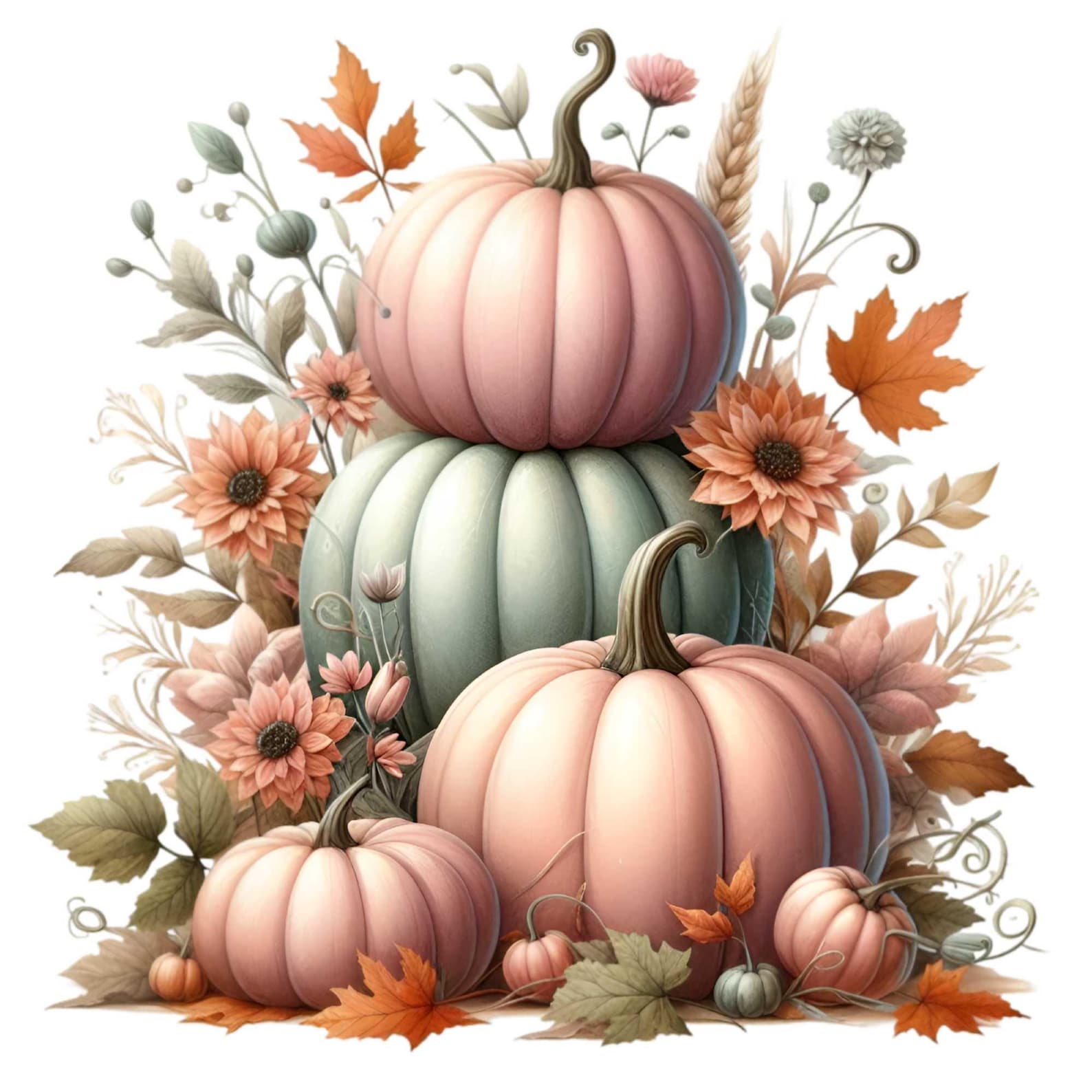 12 PNG Autumn Pumpkin Muted Fall Floral Watercolor Clipart - Etsy