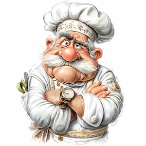 May include: Cartoon illustration of a chef with a large white mustache and chef's hat. The chef is wearing a white uniform with a floral patterned band on the hat and suspenders. A gold watch is on the chef's wrist. The chef has crossed arms.