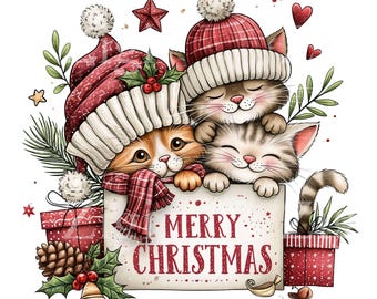 12 PNG Christmas Cats, Winter Kittens Clipart Beanie Hat Sublimation