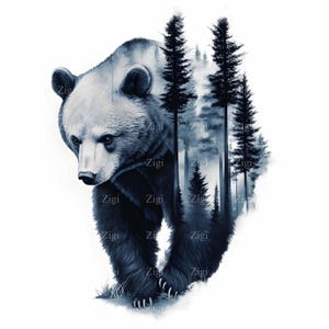15 JPEG Bosque de osos monocromo JPEG: arte detallado de la vida silvestre de un oso superpuesto a un bosque de pinos brumoso, perfecto para una decoración rústica